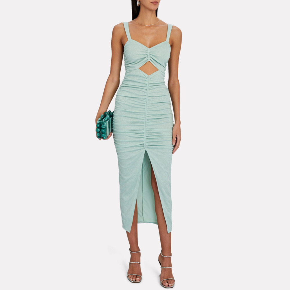 SAYLOR NYC Women's Merilyn Ruched Metallic Knit Midi Dress Blue-LT sz XS NWT